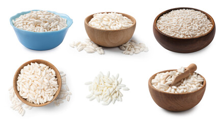 Crispy puffed rice isolated on white, set