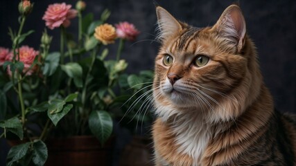 Elegant Tabby Cat with Vibrant Flowers in the Background