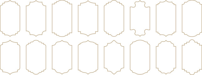 Islamic frames. Ramadan frames, mosque arches, decorative arches, Moroccan gates, black silhouette illustration. Golden Islamic window shapes in oriental style. Islamic vector window or door