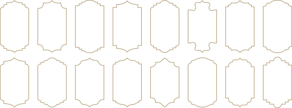 Islamic frames. Ramadan frames, mosque arches, decorative arches, Moroccan gates, black silhouette illustration. Golden Islamic window shapes in oriental style. Islamic vector window or door