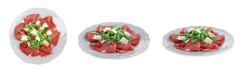 Delicious bresaola salad isolated on white, collage. Top and side views