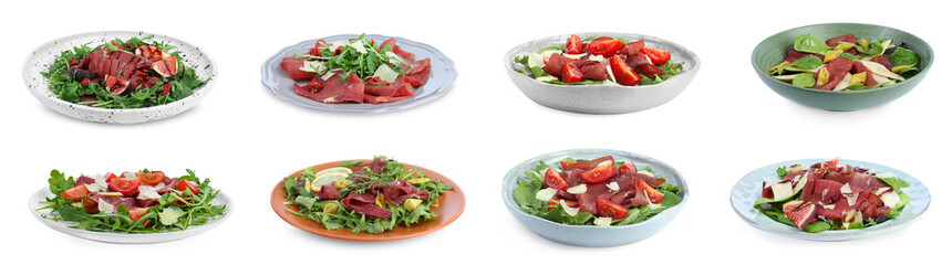 Delicious salads with bresaola isolated on white, set