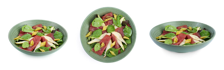 Delicious bresaola salad isolated on white, collage. Top and side views