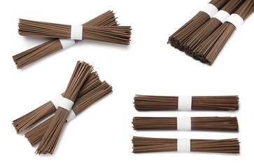 Soba isolated on white, set. Buckwheat noodles
