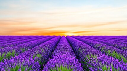 Fototapeta premium Vibrant lavender fields under a colorful sunset sky.