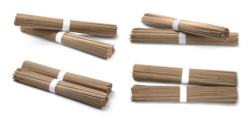 Soba isolated on white, set. Buckwheat noodles