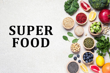Superfood. Different healthy food products on white table, flat lay