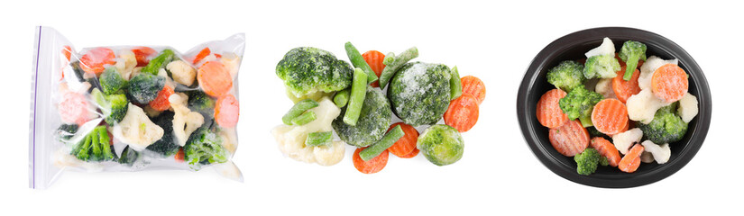 Different frozen vegetables isolated on white, set. Top view