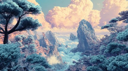 A vibrant meadow leading to a sparkling alpine lake, dramatic mountains rising in the distance under a sunny, cloud-filled sky