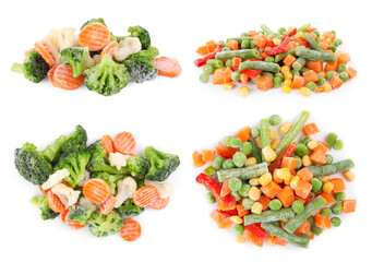 Different frozen vegetables isolated on white, collage. Top and side views