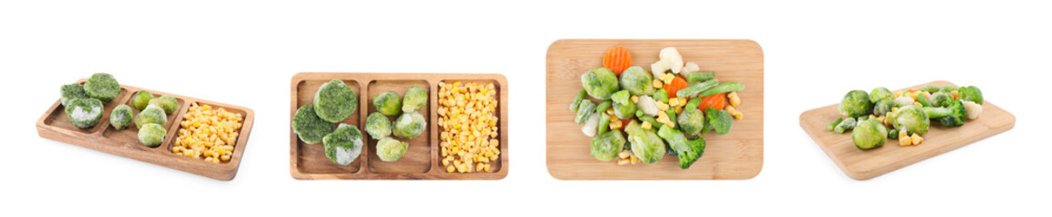 Different frozen vegetables isolated on white, set. Top and side views
