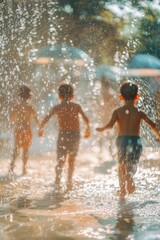 Children playing joyfully in water spray during a sunny day at a park