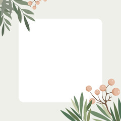Winter mood greeting card poster template. Minimalist postcard, baner nature leaves, trees, fir, leaf branch, mistletoe. Vector illustration in flat cartoon style on white background