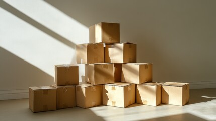 Fototapeta premium A well-organized pyramid of sealed cardboard boxes with realistic creases and shadows, photographed under natural light.