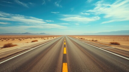 Fototapeta premium Endless Asphalt Road Cutting Through Arid Desert Landscape Under a Vivid Blue Sky
