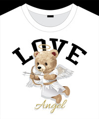 Love slogan with cute bear doll love angel with gold arrow vector illustration.