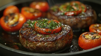Juicy steaks and roasted tomatoes in a skillet.