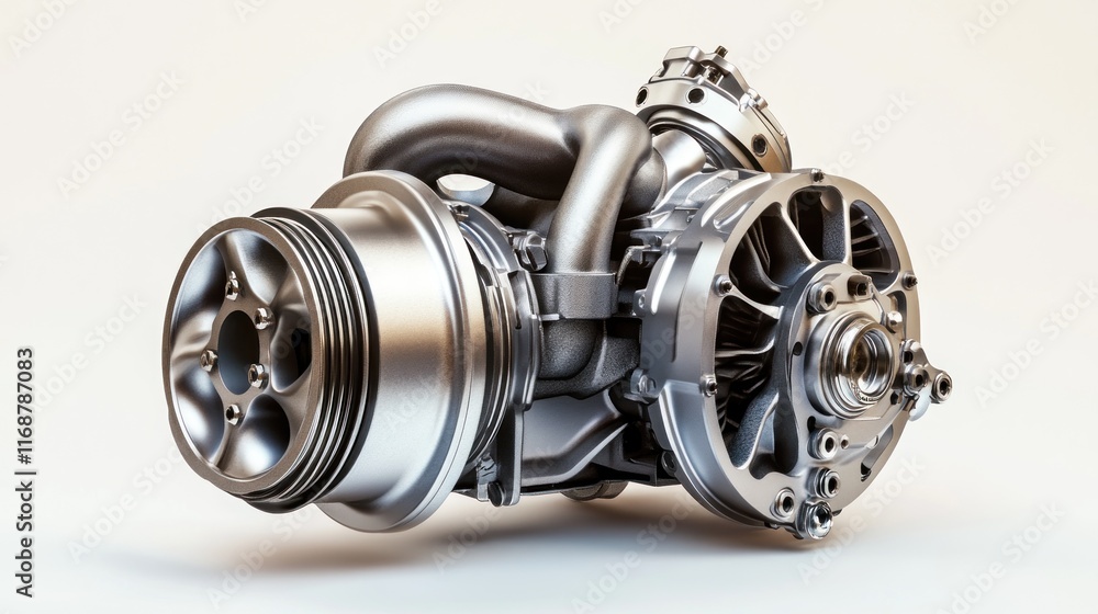 Poster a detailed view of a mechanical turbocharger used in automotive engines.