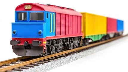Fototapeta premium A vibrant toy train speeds along its tracks, a captivating display of childhood joy and imagination. Its colorful carriages promise adventures.