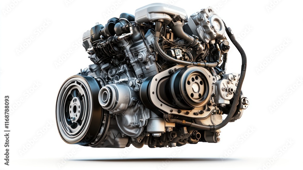 Poster a detailed view of a modern automotive engine showcasing its complex components.
