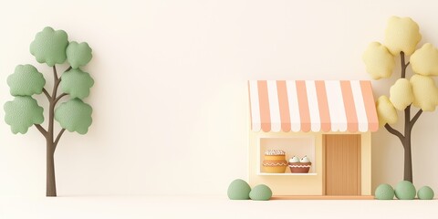 Charming miniature shop with colorful trees in a playful, whimsical landscape.