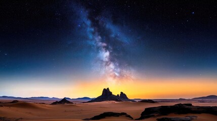 Fototapeta premium Stunning night sky over desert landscape with rocky formations.