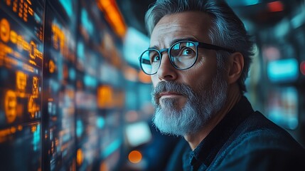 Focused mature man analyzing data on digital screen.