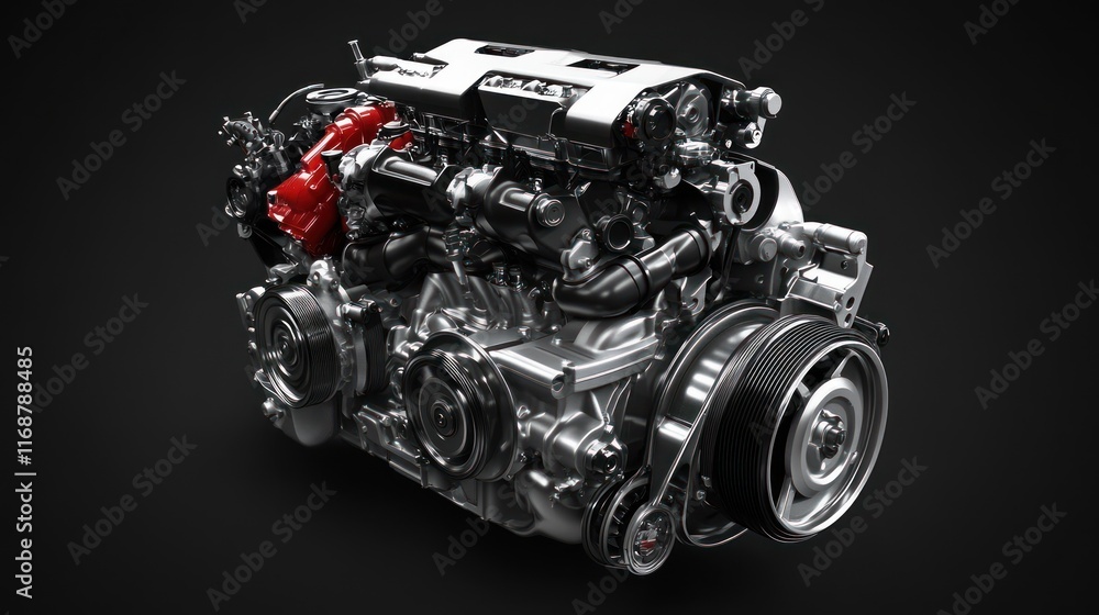 Poster a detailed view of a modern automotive engine showcasing its components and design.