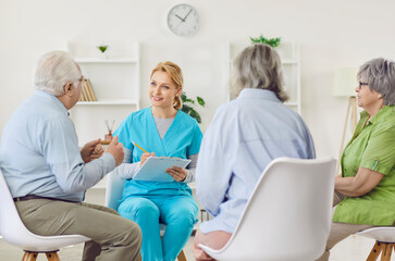 Senior people group circle talk therapy assisted living exercise and mindfulness team with skilled...
