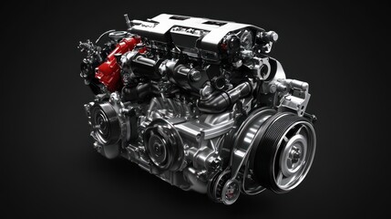 A detailed view of a modern automotive engine showcasing its components and design.