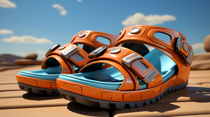 Rugged Orange and Black Sandals on Brick Surface - Versatile Footwear Stock Photo