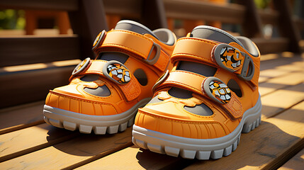 Rugged Orange and Black Sandals on Brick Surface - Versatile Footwear Stock Photo