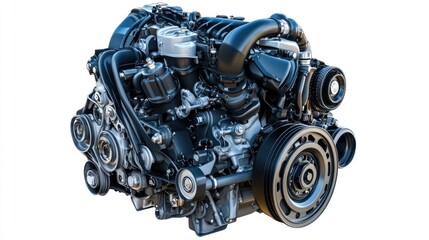 A detailed view of an automotive engine showcasing its complex components and design.