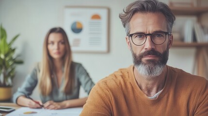 Obraz premium CEO reviewing a detailed strategy document in a modern office, determination visible in their eyes, focus, prioritization, leadership