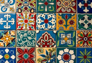 Intricate Patterns on Spanish Decorative Tiles: Explore a World of Blues, Reds, and Greens in Stunning Ceramic Artistry