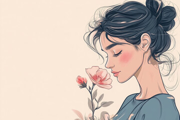 Artistic illustration of a young woman with closed eyes holding a delicate pink flower, set against a soft beige background