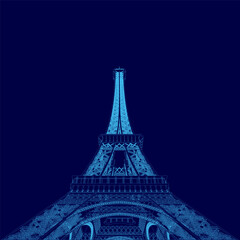 The image is a blue drawing of the Eiffel Tower. The tower is lit up and he is at night, giving it a mysterious and romantic atmosphere. The blue color scheme adds to the dreamy