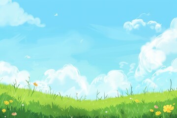 Lush Green Grass Field with Blue Sky and Fluffy White Clouds