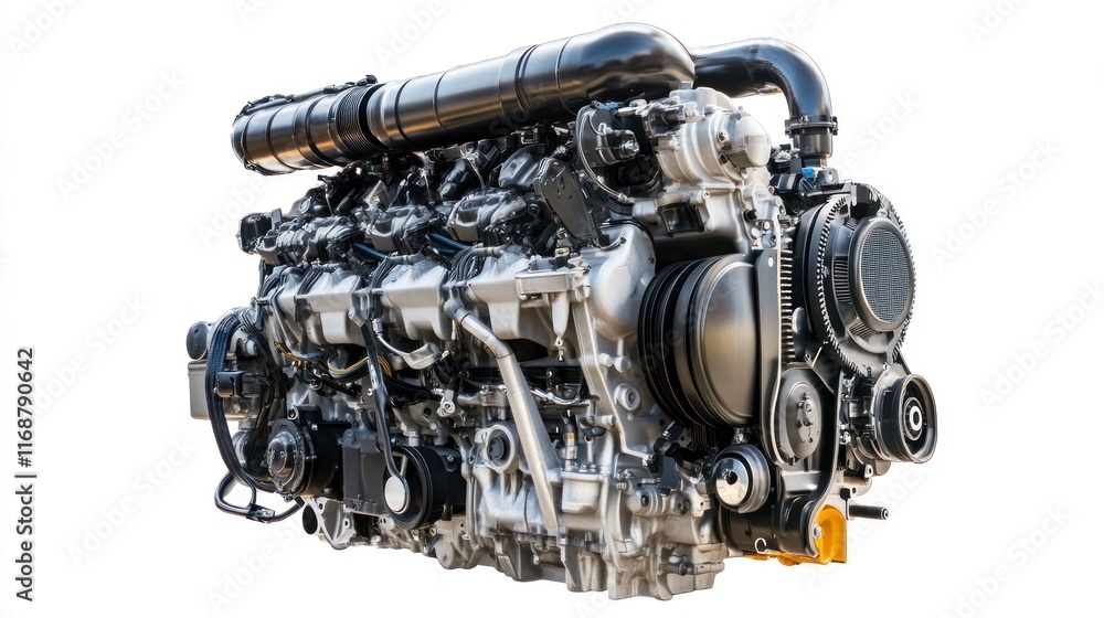 Poster a detailed view of an automotive engine showcasing its components and design.