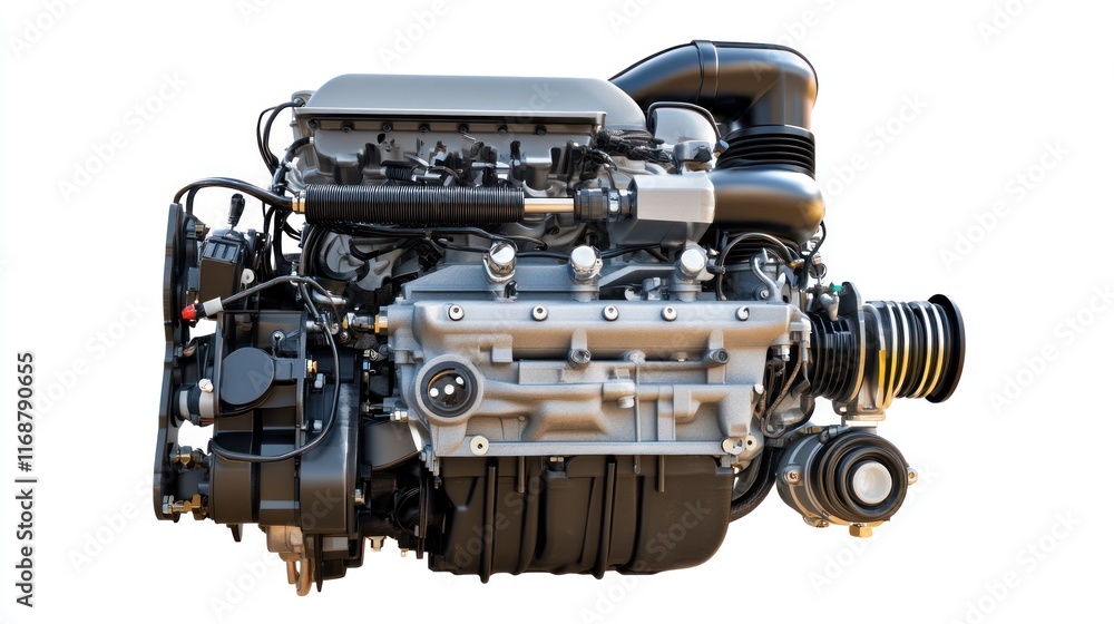 Poster a detailed view of an automotive engine showcasing its mechanical components.