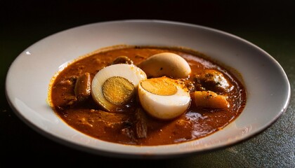 detailed close-up of egg curry dish with boiled eggs in rich spicy gravy served in white plate
