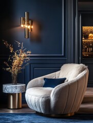 Luxurious Living Room Decor Featuring Plush Chair And Golden Accents