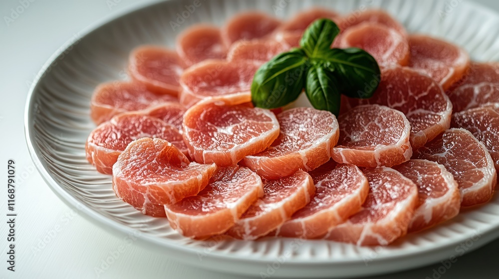 Poster thinly sliced meat arranged on a plate with basil.