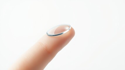 Close-up of a single contact lens resting gently on a fingertip against a bright white background