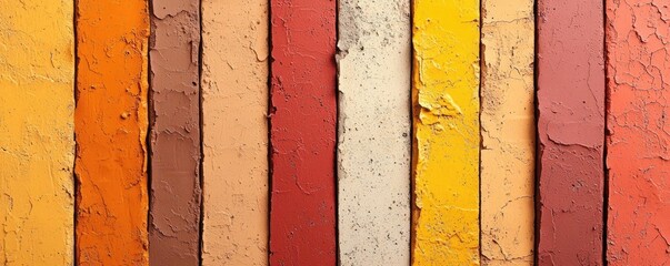 Grungy abstract background idea. Vibrant color palette showcasing a variety of textured shades on wooden planks.