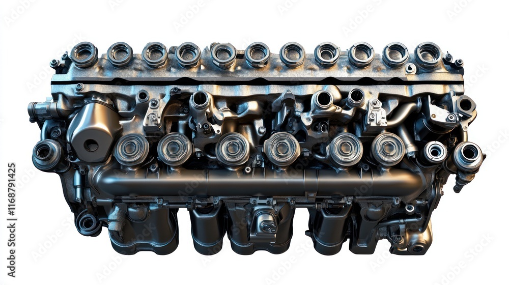 Poster A detailed view of an automotive engine, showcasing its components and design.