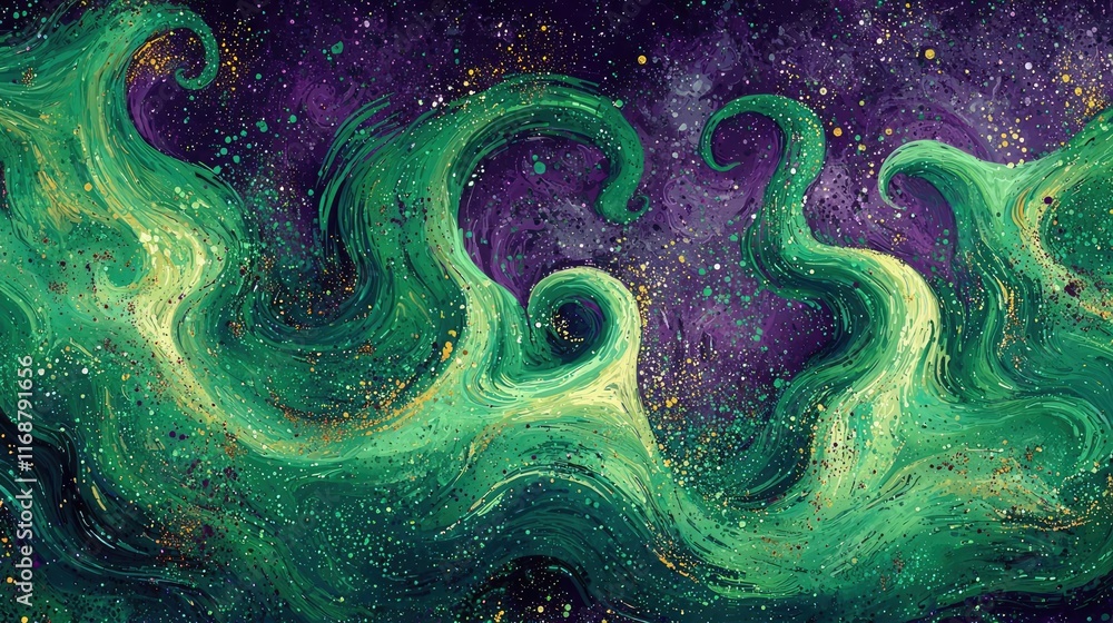 Poster grungy abstract background idea. vibrant abstract art featuring swirling green patterns against a co