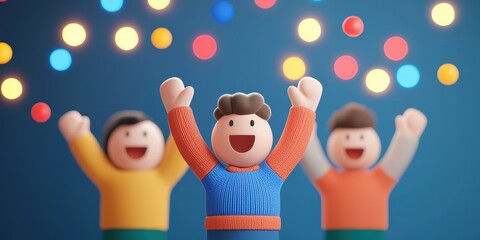 Naklejka premium Three joyful toy figures celebrating with colorful lights in the background.