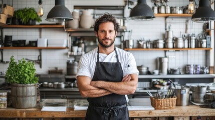 Head chef in a bustling kitchen, managing orders and directing staff with effortless control, focus, prioritization, leadership