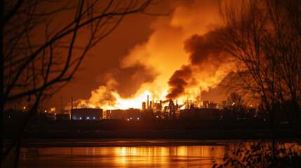 Industrial fire at night with heavy smoke and glowing flames. Dramatic scene for news, environmental, and industrial safety articles.